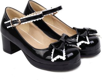 Generic Womens Sweet Mary Jane Pumps Platform Chunky Heel Lolita Shoes with Bow-Knot,Black,6.5 UK