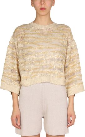Brunello Cucinelli Beige Embellished Crew Neck Sweater