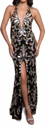 Rachel Allan Sequin Print Halter Slit Gown In Black Multi
