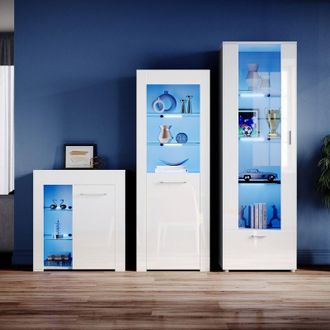 Elegant Lighting White Display Cabinet Set High Gloss Living Room Set Bookcase Sideboard Cupboard Tall Storage Cabinet with Multicolour LED Light