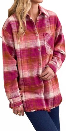 Tribal Oversized Flannel Fringed Hem Shirt In Plum Wine