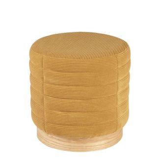 Koketto Home Puff de efecto terciopelo con base de madera natural chapada mostaza