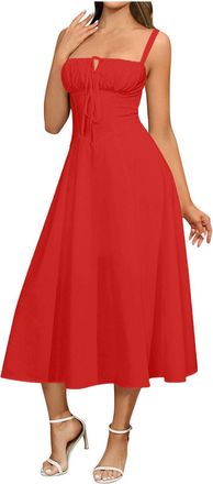 Generic Strap Dresses for Women Tie-Front Keyhole Neckline Sleeveless Maxi Dress Ladies Casual Summer Beach Sundress Red Womens Fashion XXL