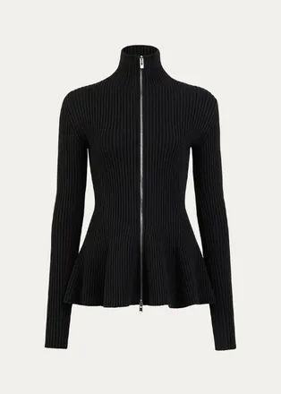Alaia Wool-Blend Rib Peplum Zip Cardigan