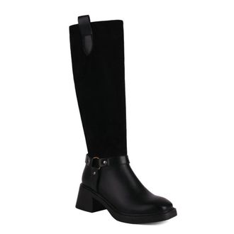Generic Womens Fashion Buckle Knee High Boots Round Toe Low Block Heels Side Zipper Versatile Motorcycle Shoes (Black,7.5)