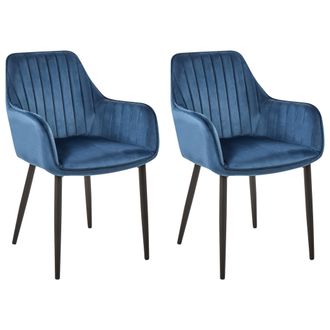 Beliani Beliani - Juego De 2 Sillas De Comedor De Terciopelo Azul Con Reposabrazos Patas De Metal Negro Retro Glam Wellston