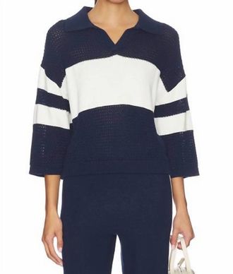 525 america Zuri Johnny Collar Mesh Rugby Pullover In Dark Blue Combo