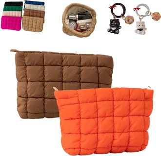 Generic Solid Color Quilted Design Clutch, Large Capacity Travel Storage Bag, Cute Quilted Puffer Makeup Bag,Women Travel Toiletry (2PCS-J)