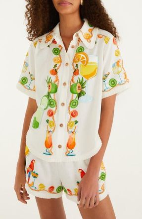 Farm Rio Biricutico Scarf Print Short Sleeve Linen Shirt in Biricutico Scarf Off at Nordstrom, Size Xx-Small