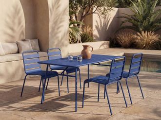 Vente-Unique Comedor de jard&iacute;n de metal: Mesa An. 160 cm y 4 sillas apilables azul noche - MIRMANDE