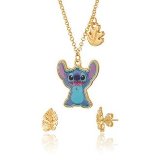Disney Jewelry Set with Gold-Tone Fashion Necklace and Palm Leaf Stud Earrings in Blue, Metallic Gold at Nordstrom