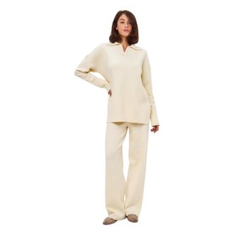 Cesare Gaspari Minimalistische Gebreide Set - Beige - Dames - Jumpsuits - Beige - L - Polyester - Jumpsuits & Playsuits