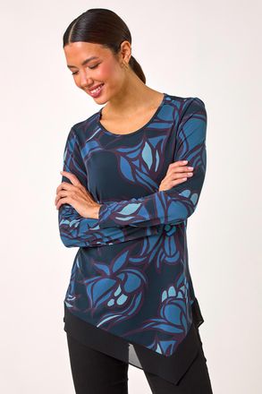 Roman Floral Print Chiffon Hem Top