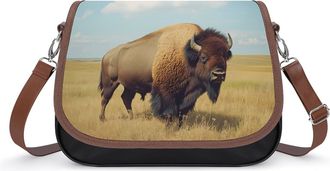 Generic Bison in The Great Plains Crossbody Bag Womens Handbag PU Message Bags Shoulder Purse with Adjustable Strap