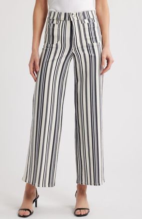 Frame Denim Le Slim Palazzo Patch Pocket High Waist Wide Leg Jeans in Navy Stripe at Nordstrom, Size 32