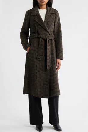 BCBGeneration Houndstooth Double Face Belted Coat in Black Brown Houndstooth at Nordstrom, Size X-Large