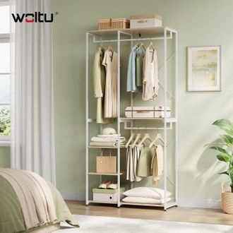 Woltu Perchero Burro Ropa Perchero Burro Con Estante Multiusos Fuerte Metal Y Madera 90 X 40 X 204.5 Cm(l X P X H) Color Blanco+roble Claro - Woltu
