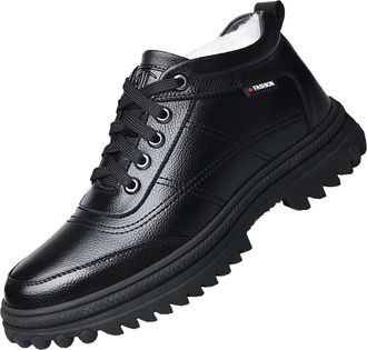 Generic Mens Flat Heel Warm Winter Boots Lace Up Office Dress Shoes Round Toe PU Leather Short Boots,Black,7.5 UK