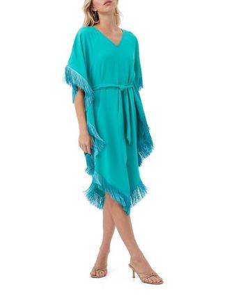 Trina Turk Fringe Caftan Toulouse Dress in Toulon Teal at Nordstrom, Size Xx-Large