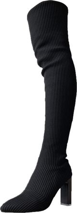 Generic Black Knee High Boots Women, Over Knee Boots for Women Wide Calf Shoes Stretchy Comfortable Boot Heels Sexy Flexible Shoe Leather Suede Warm Black 4.5