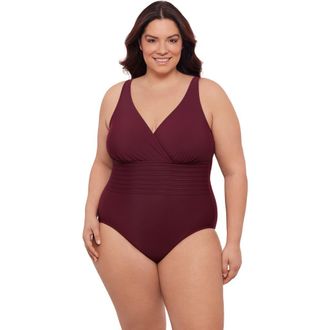 Aqua Green Plus Size V-Neck Surplice Trim Overlay Full Coverage One-Piece Swimsuit in Currant at Nordstrom, Size 1X