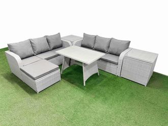 Fimous Rattan High Back Lounge Sofa Set with 3 Seater Sofa 2 Side Tables in Light Grey