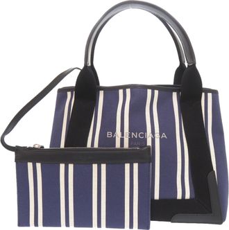 Balenciaga Black Navy White Canvas Leather Handbag Tote Bag (Pre-Owned)