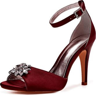 Generic Wedding Shoes Womens Heels Bridal Ankle Strap Open Toe Heels Stiletto High Heeled Sandals for Prom, Party, Daily Wear 10.5Cm,Burgundy,3 UK