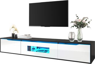 STILVORA Mueble Tv Con 2 Puertas Caladas Y Led Usb, Brillo Negro Y Blanco, Estilo Moderno, 180&times;35&times;30 Cm, En Mdf