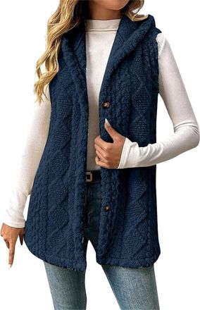 Generic Womens Gilets Teddy Fleece Gilets with Hood Ladies Button Up Waistcoats Sleeveless Jumpers Long Sweater Cardigan Winter Clothing Bodywarmers Vest Tops