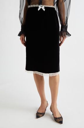 Tanner Fletcher Gender Inclusive Celerie Lace Trim Velvet Slip Skirt in Black at Nordstrom, Size X-Small