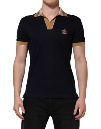 Dolce & Gabbana Mens Crown Embroidered Polo Shirt - Navy Cashmere - Size EU 46 (Mens)