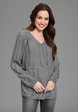 DELMAO Schlupfbluse DELMAO, Damen, Gr. 34, wei&szlig;, schwarz, Web, Obermaterial: 100% Viskose, figurumspielend, V-Ausschnitt, eingesetzt elastischer Bund mit Gum