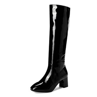 Generic MiaZane Womens Patent Leather Knee High Boots Block Heel Glossy Finish Fashion Statement Footwear for Party Streetwear and Fall Winter Outfits,Black,6