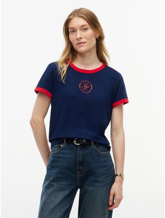 Tommy Hilfiger Womens Script Monogram Ringer T-Shirt - Carbon Navy - XXL