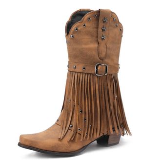 Generic Womens Pointed Toe Western Cowboy Boot Pull on Mid-Calf Boots with Studded Block Heel Retro Tassel Boots,Brown,5.5 UK