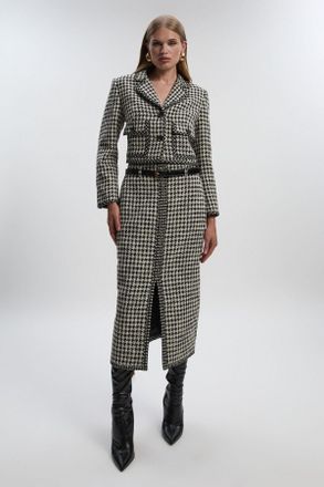 Karen Millen Womens Textured Tweed Belted Tailored Pencil Skirt - Cream Cotton - Size 10 UK