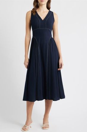Moon River Contrast Stitch Sleeveless Tie Back Dress in Dark Navy at Nordstrom, Size X-Large