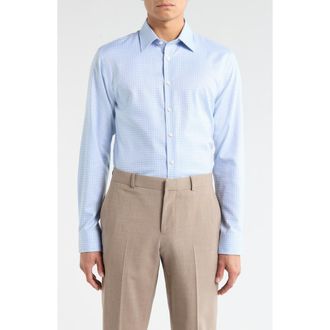Nordstrom Trim Fit Check Premium Non Iron Cotton Dress Shirt in Blue Stefano Grid at Nordstrom, Size 15.5 - 34