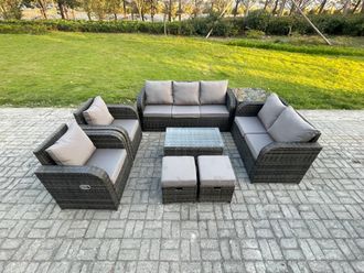 Fimous 9 Seater Rattan Wicker Garden Furniture Patio Conservatory Sofa Set with Rectangular Coffee Table 3 Seater Sofa Love Sofa 2 Small Footstools