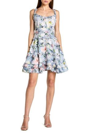 Mac Duggal Floral Square Neck Ruffle Mini Dress in Platinum Multi at Nordstrom, Size 12