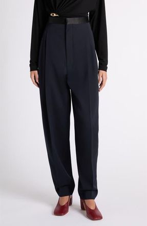 Bottega Veneta Satin Trim High Waist Wool Straight Leg Pants in 4071 Midnight Blue at Nordstrom, Size 2 Us