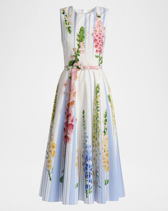 Oscar De La Renta Foxglove Trompe Loeil Belted Cotton Poplin Dress