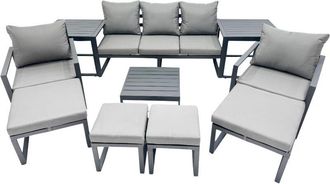 Fimous Fimous Outdoor Garden Furniture Set Aluminium Lounge Sofa Square Coffee Table Sets with 4 Stools 2 Side Tables Dark Grey