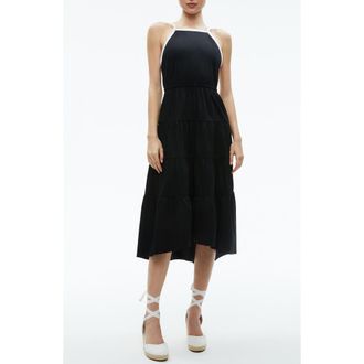 Alice & Olivia Hartley Tie Back Tiered Stretch Cotton Midi Dress in Black/Off White at Nordstrom Rack, Size 8