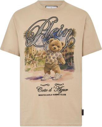 Philipp Plein Tops, Heren, Beige, S, Katoen, Round Neck T-Shirt Teddy Tennis