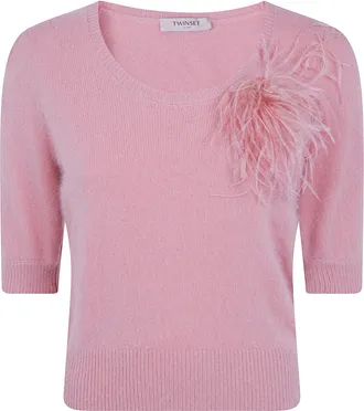 Twin-Set Sweater Short Sleeves Round Neck Feathers