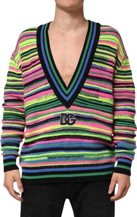 Dolce & Gabbana Mens Striped Vneck Logo Sweater - Black Wool - Size Medium