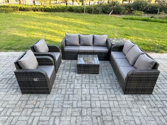 Fimous High Back Rattan Garden Furniture Set with Square Coffee Table Side Table Indoor Outdoor Patio Lounge Sofa Set Dark Grey Mixed