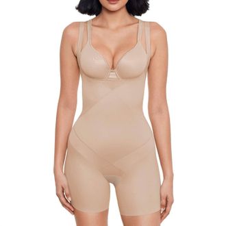 Miraclesuit Instant Tummy Tuck Open-Bust Bodysuit Shorts In Beige